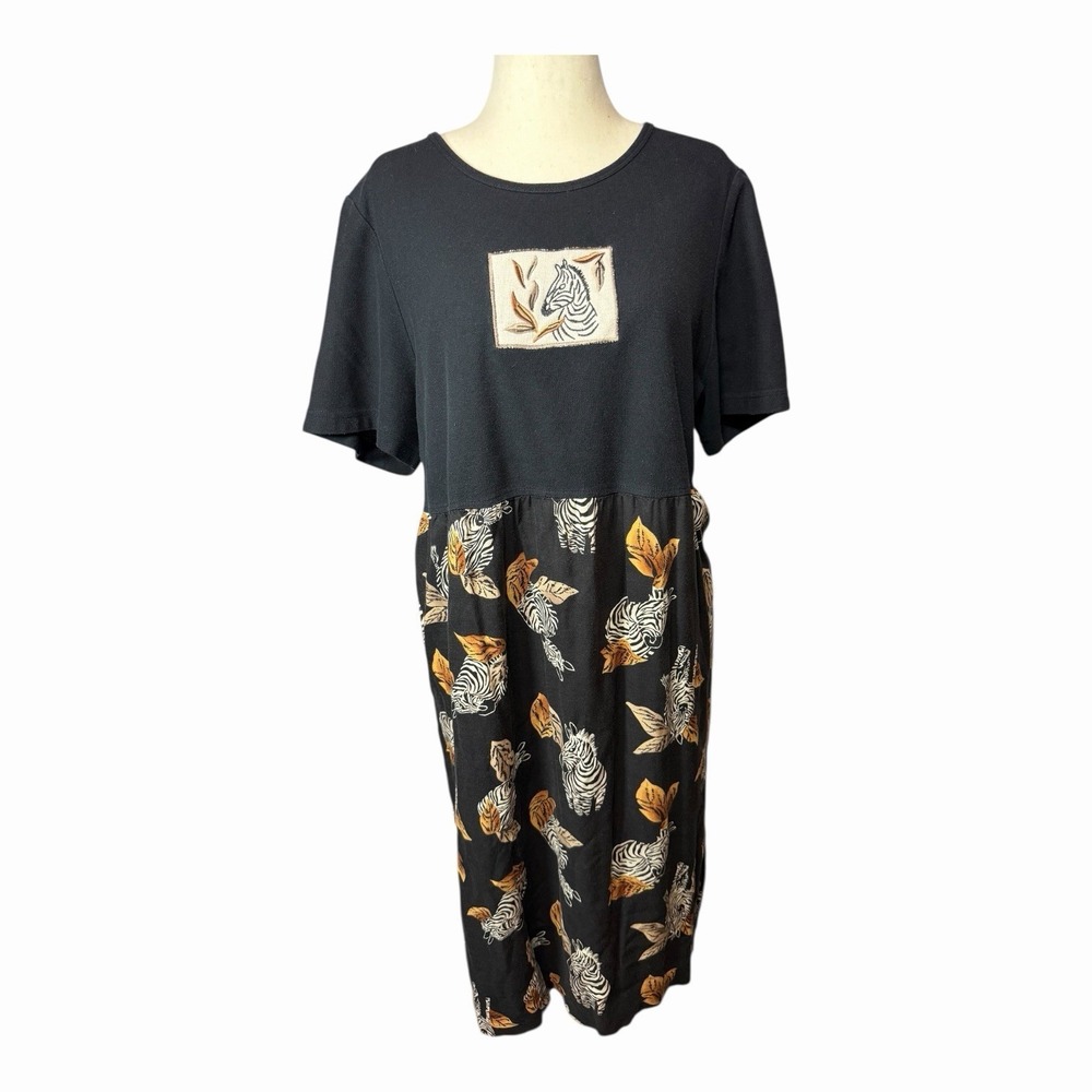 Teddi Safari Dress Zebra Vtg 90s Modest Short Sleeve Brown XL